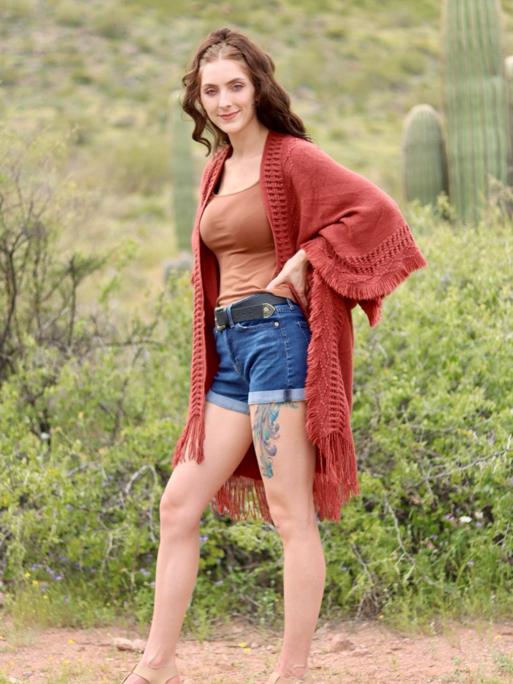 Rust Fringe Open-Front Women's Sweater Cardigan